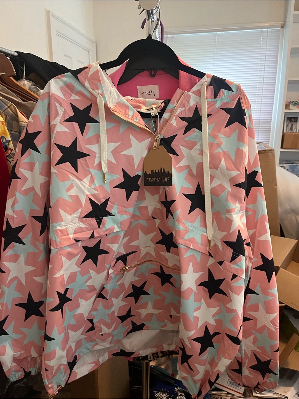 Main Strip Pink Star-Print Hooded Rain Jacket